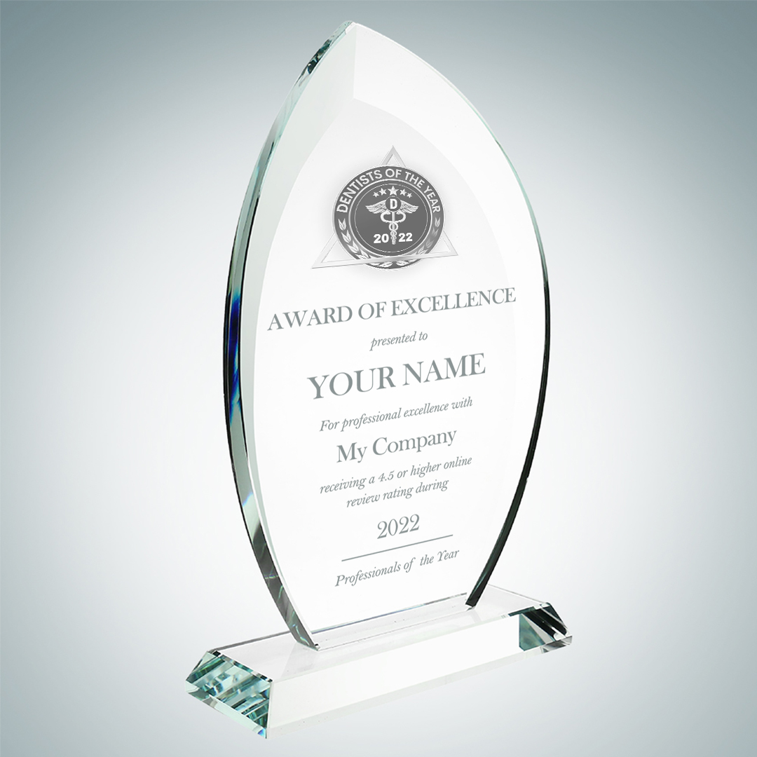 Model B Description: Desktop Award Blade Design with Etched Glass Award of Excellence Dimensions and prices: S: 8-1/2"x5-1/2"x2-1/8" / $349 M: 9-3/4"x 6-1/4"x2-1/8" / $379 L: 10-7/8"x7"x2-1/8" / $399
