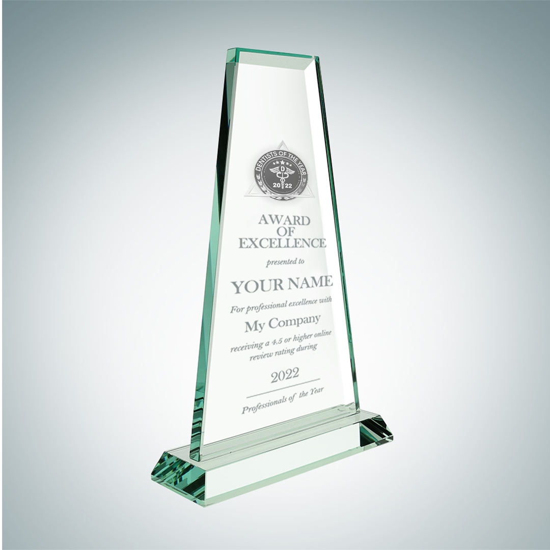 Model F Description: Desktop Award Tower Design with Etched Glass Award of Excellence Dimensions and prices: S: 8-3/4"x5-1/2"x2-1/8" / $329 M: 9-3/4"x6-1/4"x2-1/8" / $369 L: 10-3/4"x7"x2-1/8" / $399
