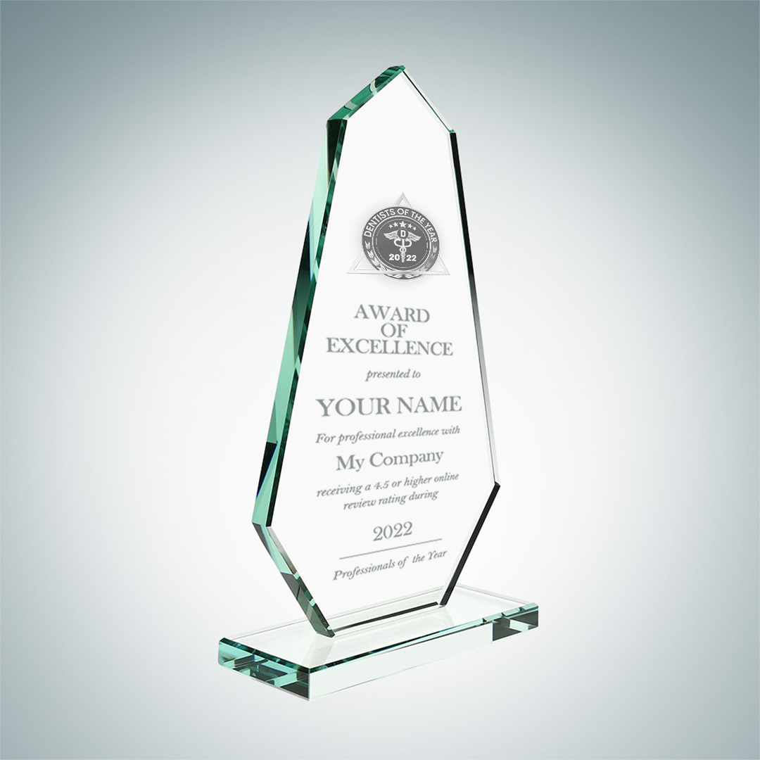 Model G Description: Desktop Award Spike Design with Etched Glass Award of Excellence Dimensions and prices: S: 7-3/8"x 4-5/8"x2" / $299 M: 8-1/4"x5"x2" / $329 L: 19"x 5-1/2"x2" / $349