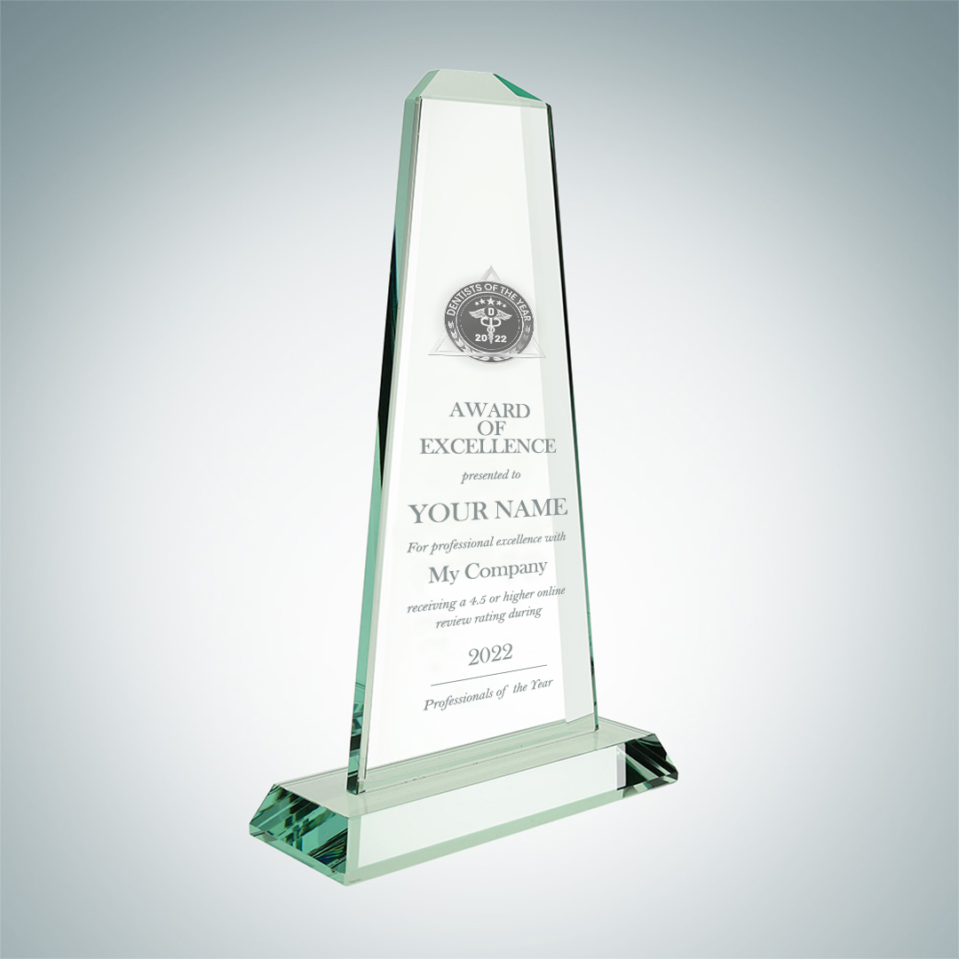 Model H Description: Desktop Award Pinnacle Design with Etched Glass Award of Excellence Dimensions and prices: S: 8-3/4"x5-1/2"x2-1/8" / $329 M: 9-3/4"x5-7/8"x2-1/8" / $369 L: 10-3/4"x6-1/4"x2-1/8" / $399